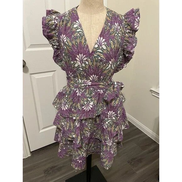 Marie Oliver Fiona Dress Sze XXS Purple Green Floral Cotton Vneck Ruffle Sleeve - Picture 2 of 9